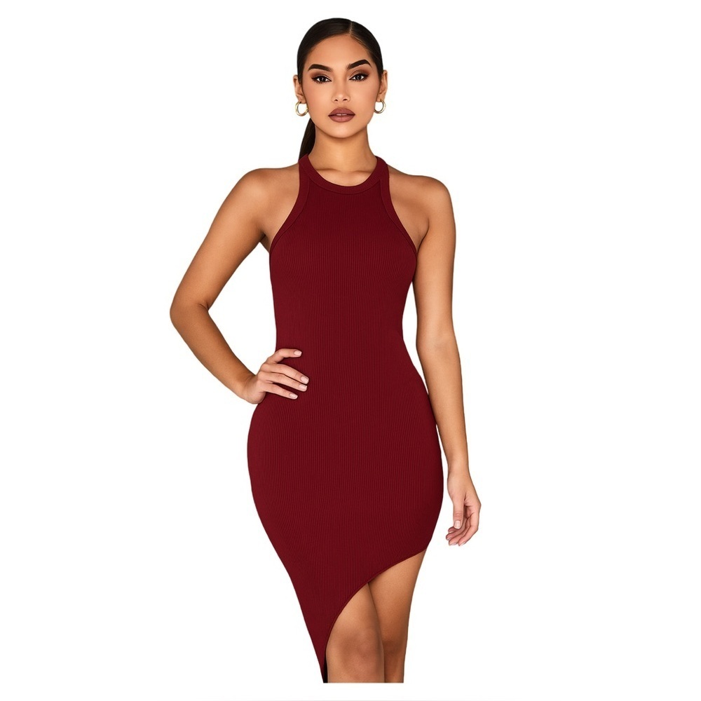 Ribbed Asymmetrical Tank Midi Dress Red Small